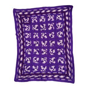 Retro Granny Square Crochet Afghan Blanket Throw 55"X42" Purple Squares, Vintage